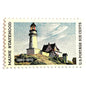 Image of a Maine Statehood postage stamp from 1970, featuring Edward Hopper’s Lighthouse at Two Lights, Maine painting on vintage unused 6-cent USPS postage, Scott 1391.