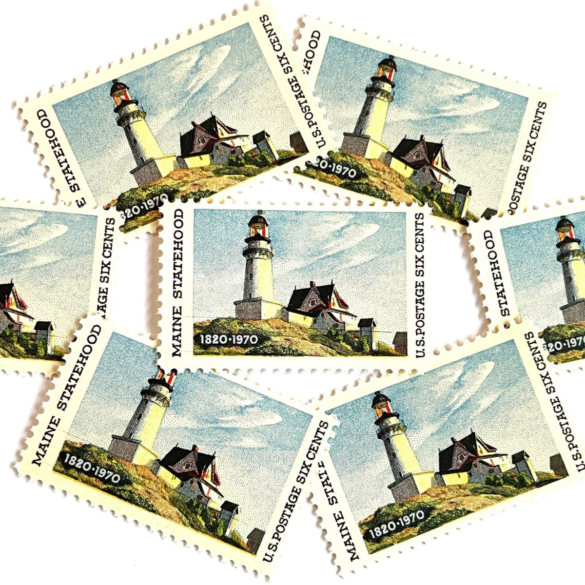 Image of Maine Statehood postage stamps from 1970, featuring Edward Hopper’s Lighthouse at Two Lights, Maine painting on vintage unused 6-cent USPS postage, Scott 1391.