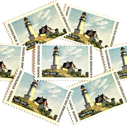 Image of Maine Statehood postage stamps from 1970, featuring Edward Hopper’s Lighthouse at Two Lights, Maine painting on vintage unused 6-cent USPS postage, Scott 1391.