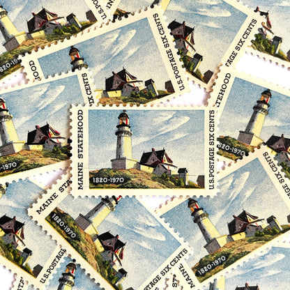 Image of Maine Statehood postage stamps from 1970, featuring Edward Hopper’s Lighthouse at Two Lights, Maine painting on vintage unused 6-cent USPS postage, Scott 1391.