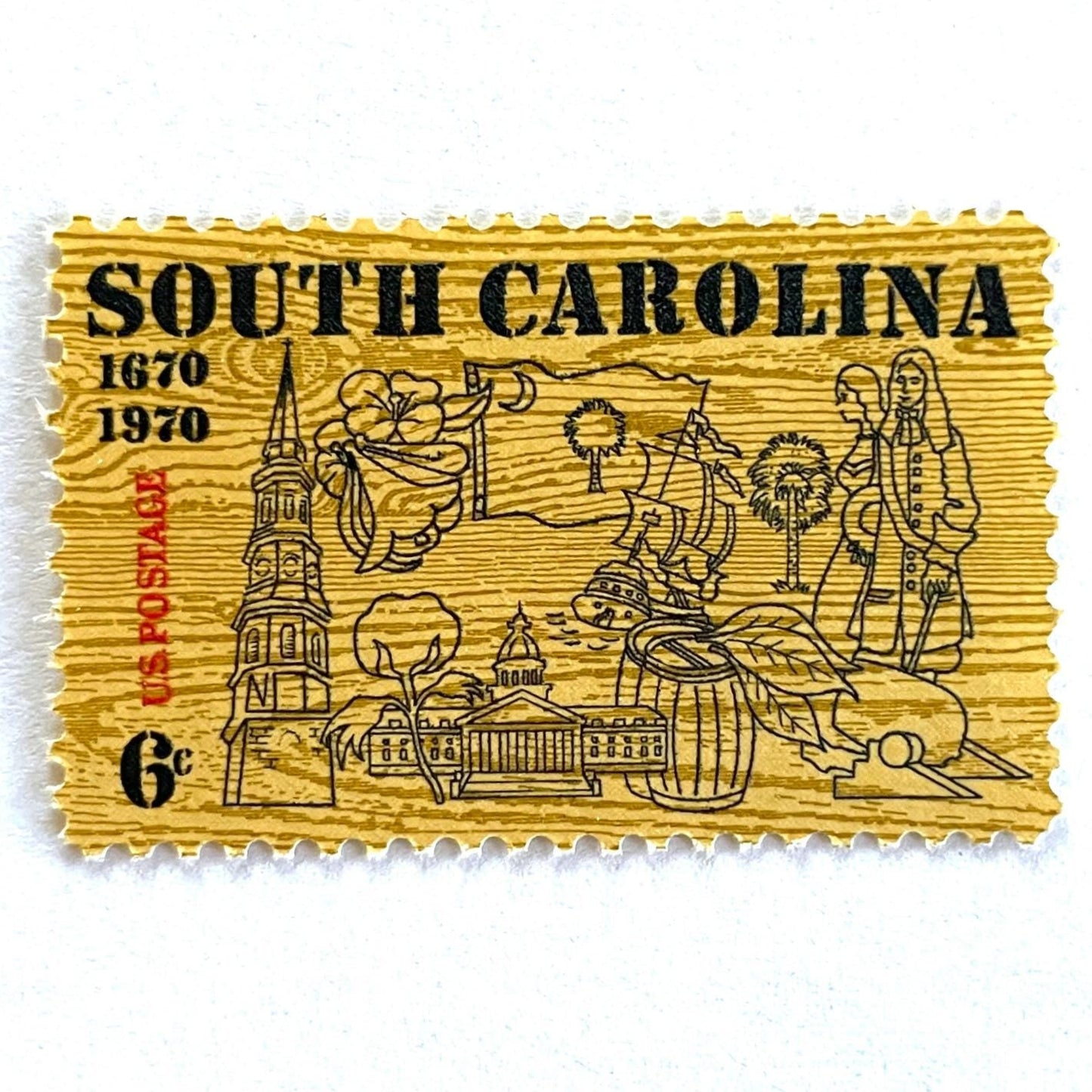 Image of South Carolina Tercentenary postage stamps from 1970, featuring a pine wood background and line drawings representing South Carolina history on vintage unused 6-cent USPS postage, Scott 1407.