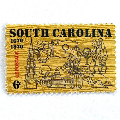 Image of South Carolina Tercentenary postage stamps from 1970, featuring a pine wood background and line drawings representing South Carolina history on vintage unused 6-cent USPS postage, Scott 1407.