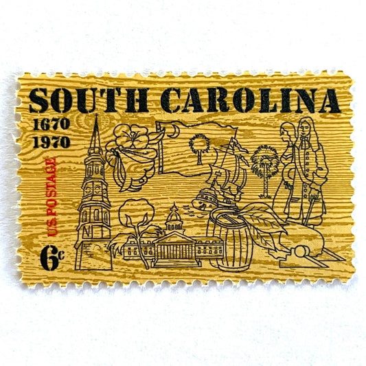 Image of South Carolina Tercentenary postage stamps from 1970, featuring a pine wood background and line drawings representing South Carolina history on vintage unused 6-cent USPS postage, Scott 1407.