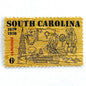 Image of South Carolina Tercentenary postage stamps from 1970, featuring a pine wood background and line drawings representing South Carolina history on vintage unused 6-cent USPS postage, Scott 1407.