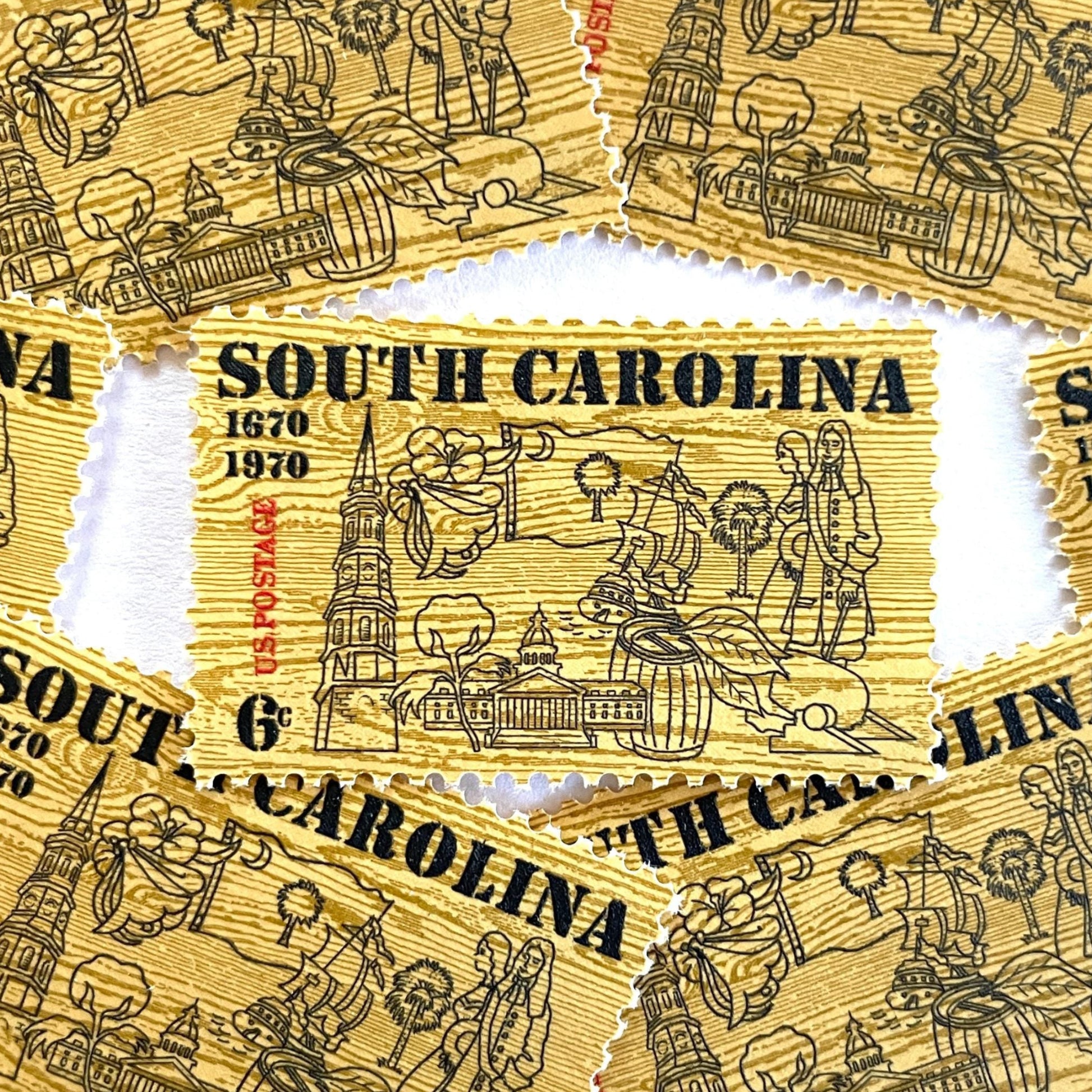 Image of South Carolina Tercentenary postage stamps from 1970, featuring a pine wood background and line drawings representing South Carolina history on vintage unused 6-cent USPS postage, Scott 1407.
