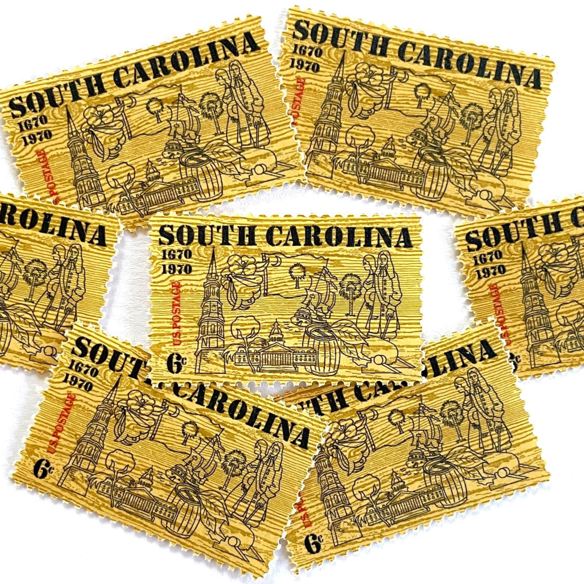 Image of South Carolina Tercentenary postage stamps from 1970, featuring a pine wood background and line drawings representing South Carolina history on vintage unused 6-cent USPS postage, Scott 1407.