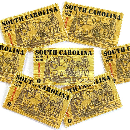 Image of South Carolina Tercentenary postage stamps from 1970, featuring a pine wood background and line drawings representing South Carolina history on vintage unused 6-cent USPS postage, Scott 1407.