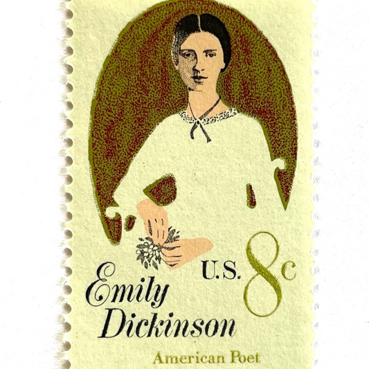Image of 1971 Emily Dickinson 8 cent stamps. Scott #1436. Stamp themes: Poet, Writer, Women, Famous Woman, Poetry, Literacy, Portrait. Neutral white postage stamp.