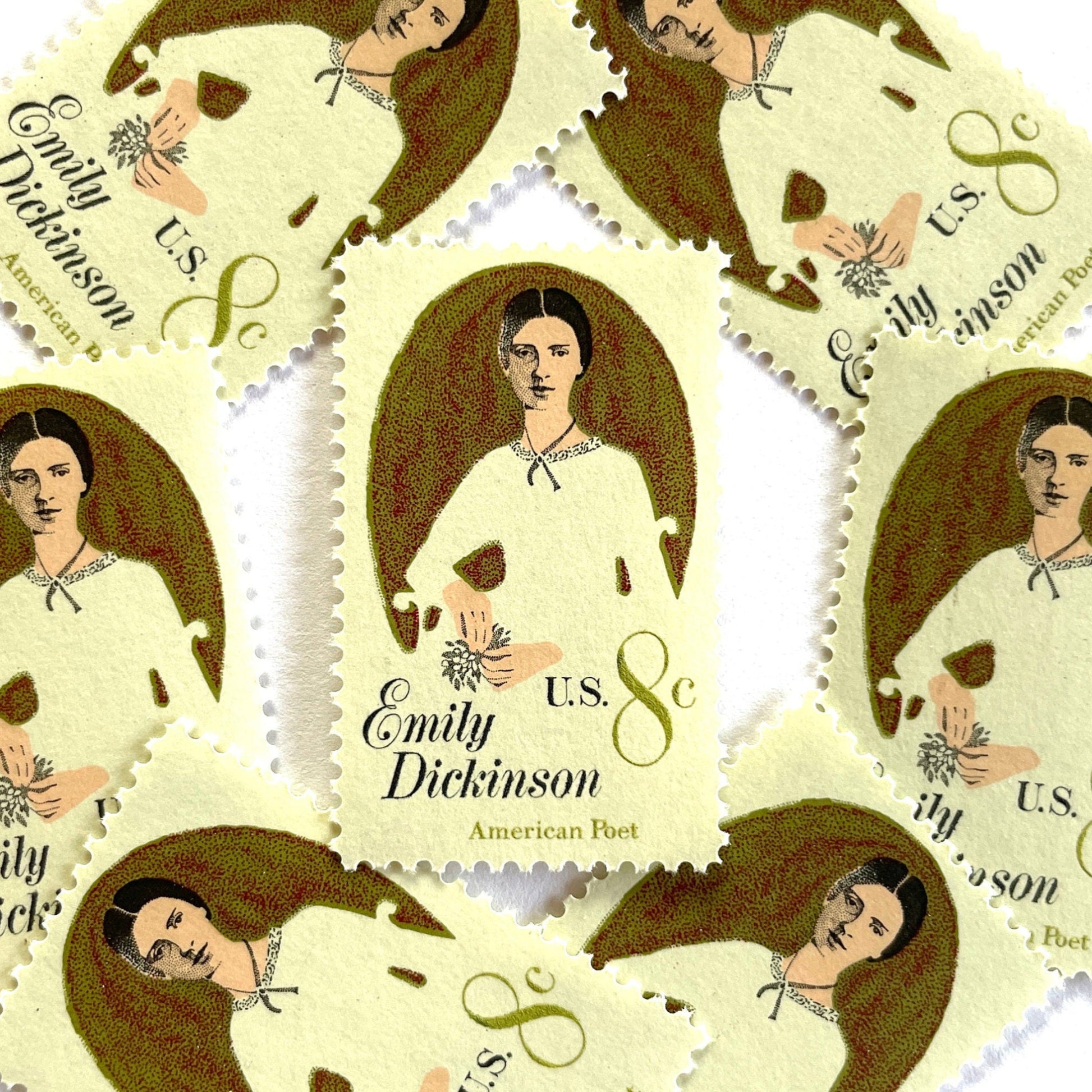 Image of 1971 Emily Dickinson 8 cent stamps. Scott #1436. Stamp themes: Poet, Writer, Women, Famous Woman, Poetry, Literacy, Portrait. Neutral white postage stamp.