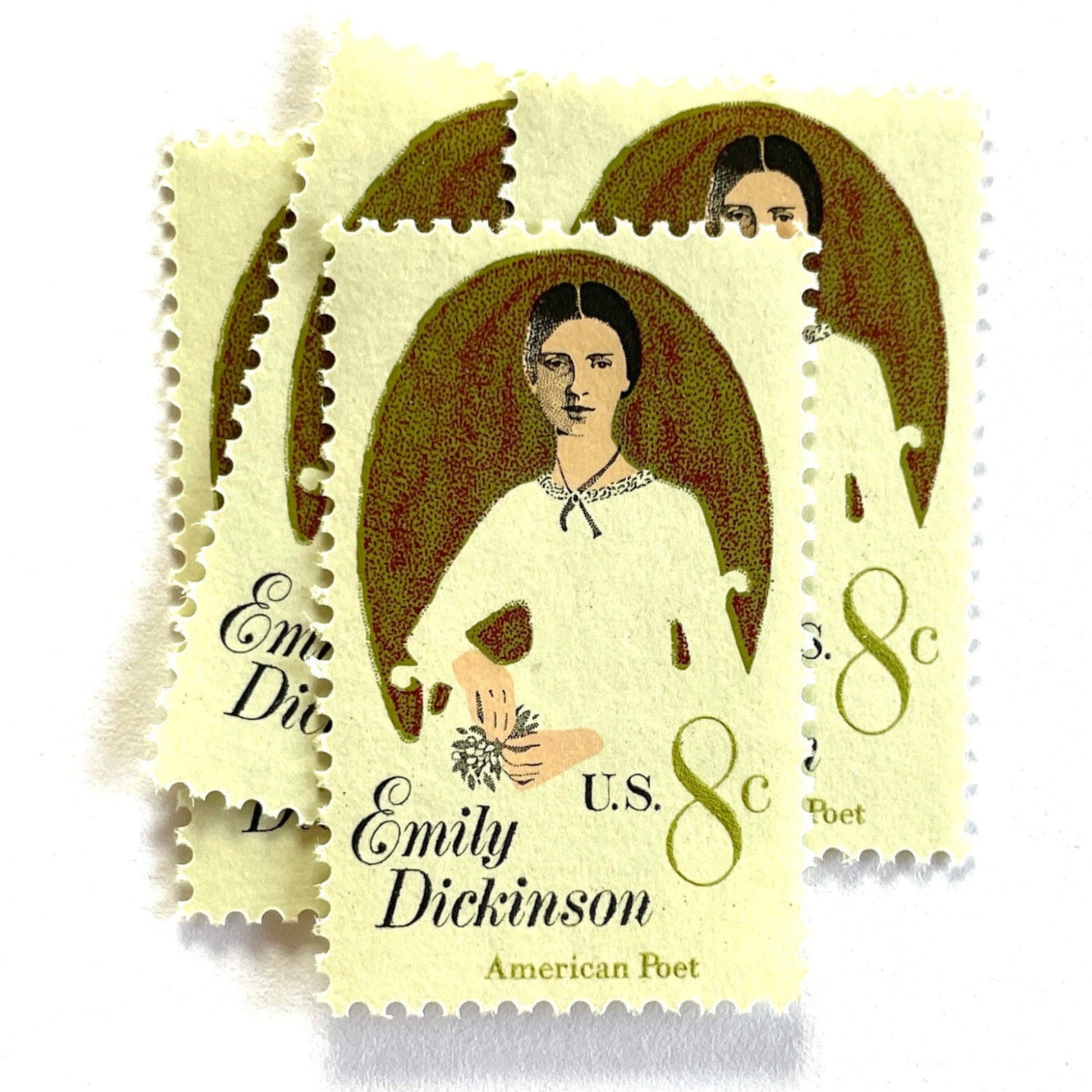 Image of 1971 Emily Dickinson 8 cent stamps. Scott #1436. Stamp themes: Poet, Writer, Women, Famous Woman, Poetry, Literacy, Portrait. Neutral white postage stamp.