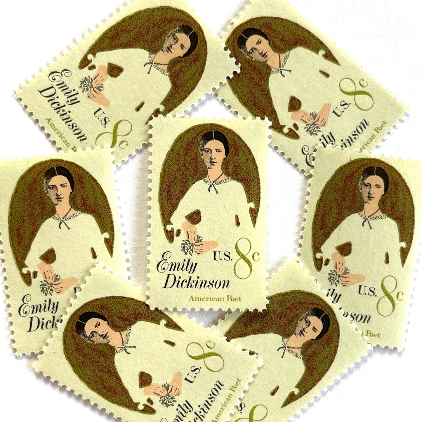 Image of 1971 Emily Dickinson 8 cent stamps. Scott #1436. Stamp themes: Poet, Writer, Women, Famous Woman, Poetry, Literacy, Portrait. Neutral white postage stamp.