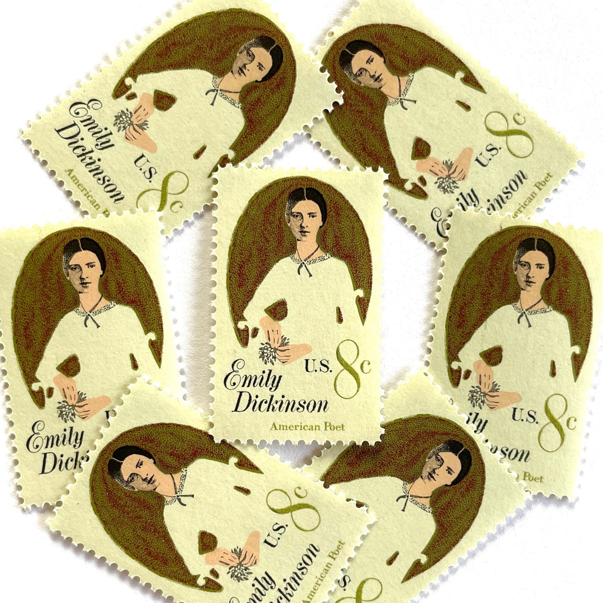 Image of 1971 Emily Dickinson 8 cent stamps. Scott #1436. Stamp themes: Poet, Writer, Women, Famous Woman, Poetry, Literacy, Portrait. Neutral white postage stamp.