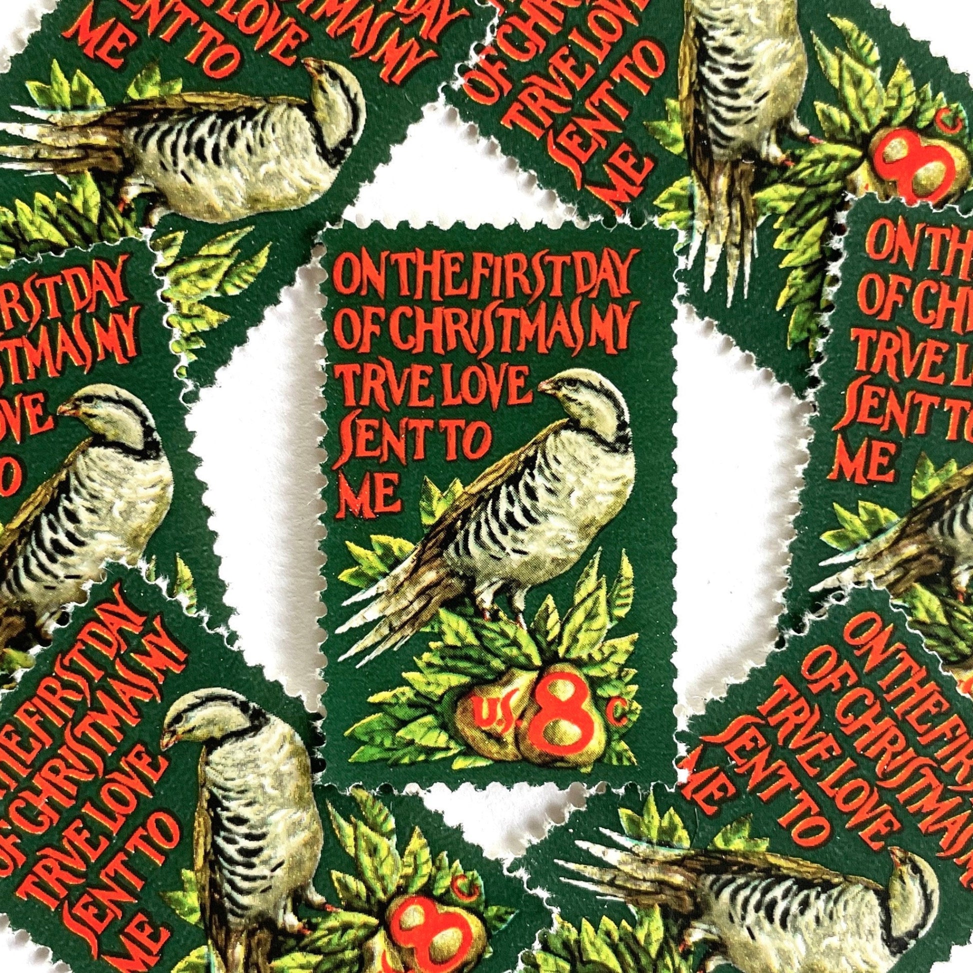 Image of 1971 Contemporary Christmas “Partridge in a Pear Tree” 8 cent stamps. Scott #1445. Stamp Themes: Christmas songs, Christmas carols, Holidays, Birds, Fruit, Partridge in a Pear Tree, The 12 Days of Christmas, on the first day of Christmas my true love sent to me. Red and green postage stamp.