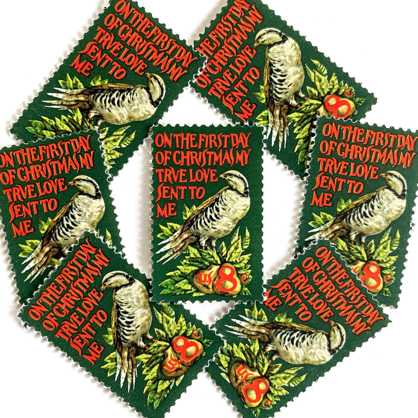 Image of 1971 Contemporary Christmas “Partridge in a Pear Tree” 8 cent stamps. Scott #1445. Stamp Themes: Christmas songs, Christmas carols, Holidays, Birds, Fruit, Partridge in a Pear Tree, The 12 Days of Christmas, on the first day of Christmas my true love sent to me. Red and green postage stamp.