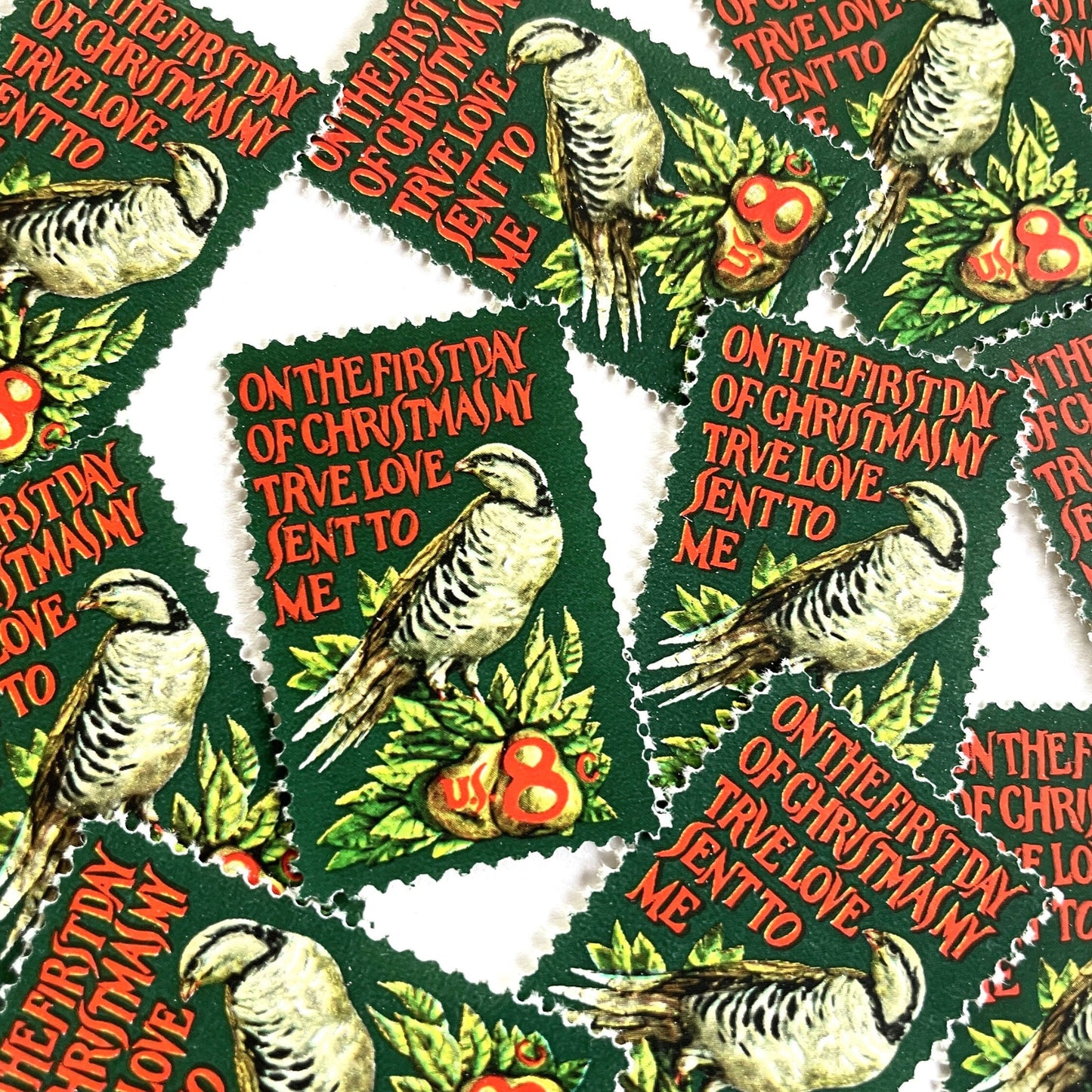 Image of 1971 Contemporary Christmas “Partridge in a Pear Tree” 8 cent stamps. Scott #1445. Stamp Themes: Christmas songs, Christmas carols, Holidays, Birds, Fruit, Partridge in a Pear Tree, The 12 Days of Christmas, on the first day of Christmas my true love sent to me. Red and green postage stamp.