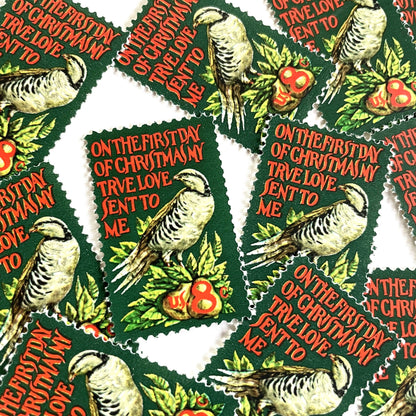 Image of 1971 Contemporary Christmas “Partridge in a Pear Tree” 8 cent stamps. Scott #1445. Stamp Themes: Christmas songs, Christmas carols, Holidays, Birds, Fruit, Partridge in a Pear Tree, The 12 Days of Christmas, on the first day of Christmas my true love sent to me. Red and green postage stamp.
