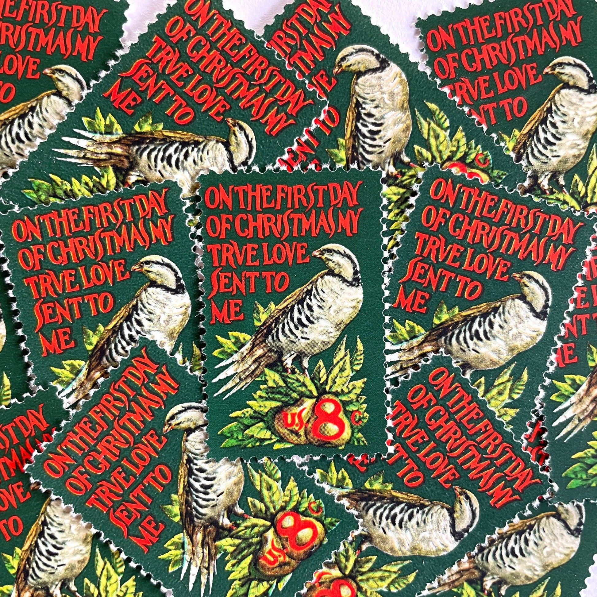 Image of 1971 Contemporary Christmas “Partridge in a Pear Tree” 8 cent stamps. Scott #1445. Stamp Themes: Christmas songs, Christmas carols, Holidays, Birds, Fruit, Partridge in a Pear Tree, The 12 Days of Christmas, on the first day of Christmas my true love sent to me. Red and green postage stamp.