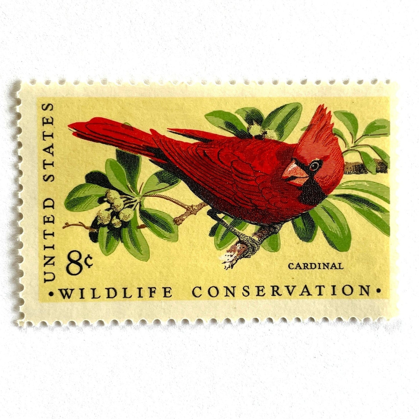 Image of 1972 Wildlife Conservation “Cardinal” 8-cent stamps. Scott #1465. Stamp Themes: Bird, Bird Watching, Bird Perched, Wildlife Conservation, Christmas, Holidays. Red postage stamps.