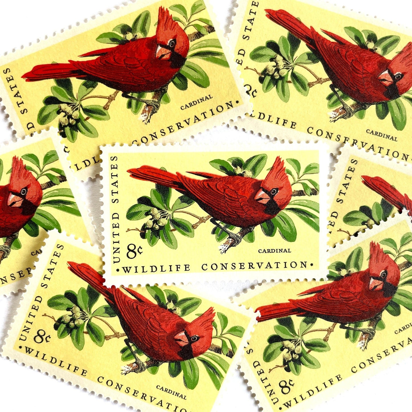 Image of 1972 Wildlife Conservation “Cardinal” 8-cent stamps. Scott #1465. Stamp Themes: Bird, Bird Watching, Bird Perched, Wildlife Conservation, Christmas, Holidays. Red postage stamps.