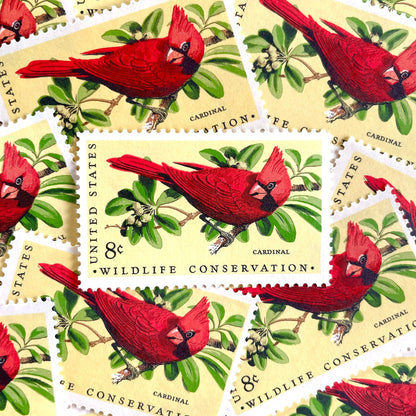 Image of 1972 Wildlife Conservation “Cardinal” 8-cent stamps. Scott #1465. Stamp Themes: Bird, Bird Watching, Bird Perched, Wildlife Conservation, Christmas, Holidays. Red postage stamps.