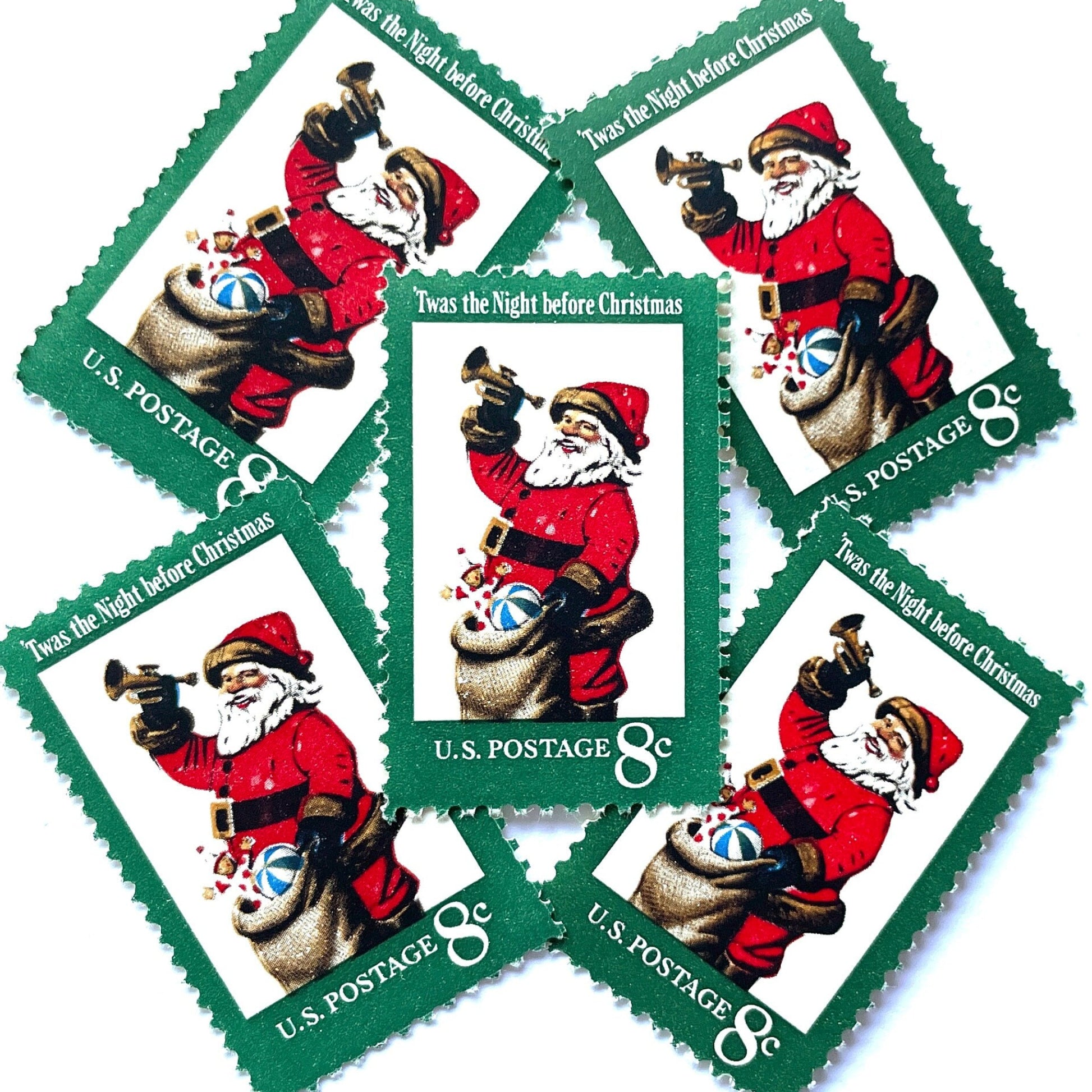 Image of 1972 Contemporary Christmas “Santa Claus” 8-cent stamps. Scott #1472. Stamp Themes: 'Twas the Night Before Christmas, Sack of Toys, Horn, Saint Nicholas, St. Nick, Patron Saint of Children, Holidays. Green postage stamp.
