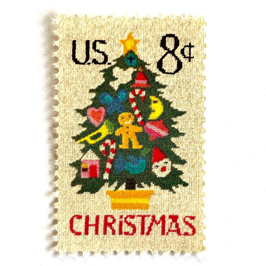Image of 1973 Contemporary Christmas “Needlepoint Christmas Tree” 8-cent stamps. Scott #1508. Stamp Themes: Christmas Tree, Christmas Decor, Holidays, Folk Art. Multicolored postage stamp.