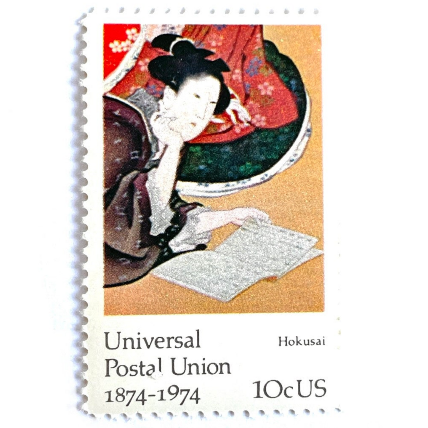Image of 1974 Famous Works of Art Hokusai 10 cent stamps. Scott #1531. Japanese Art, Woodblock Art, Zen, 100th Anniversary Universal Postal Union, Five Feminine Virtues, artist Katsushika Hokusai, Reading, Kabuki, Kimono. Asian inspired postage stamp.