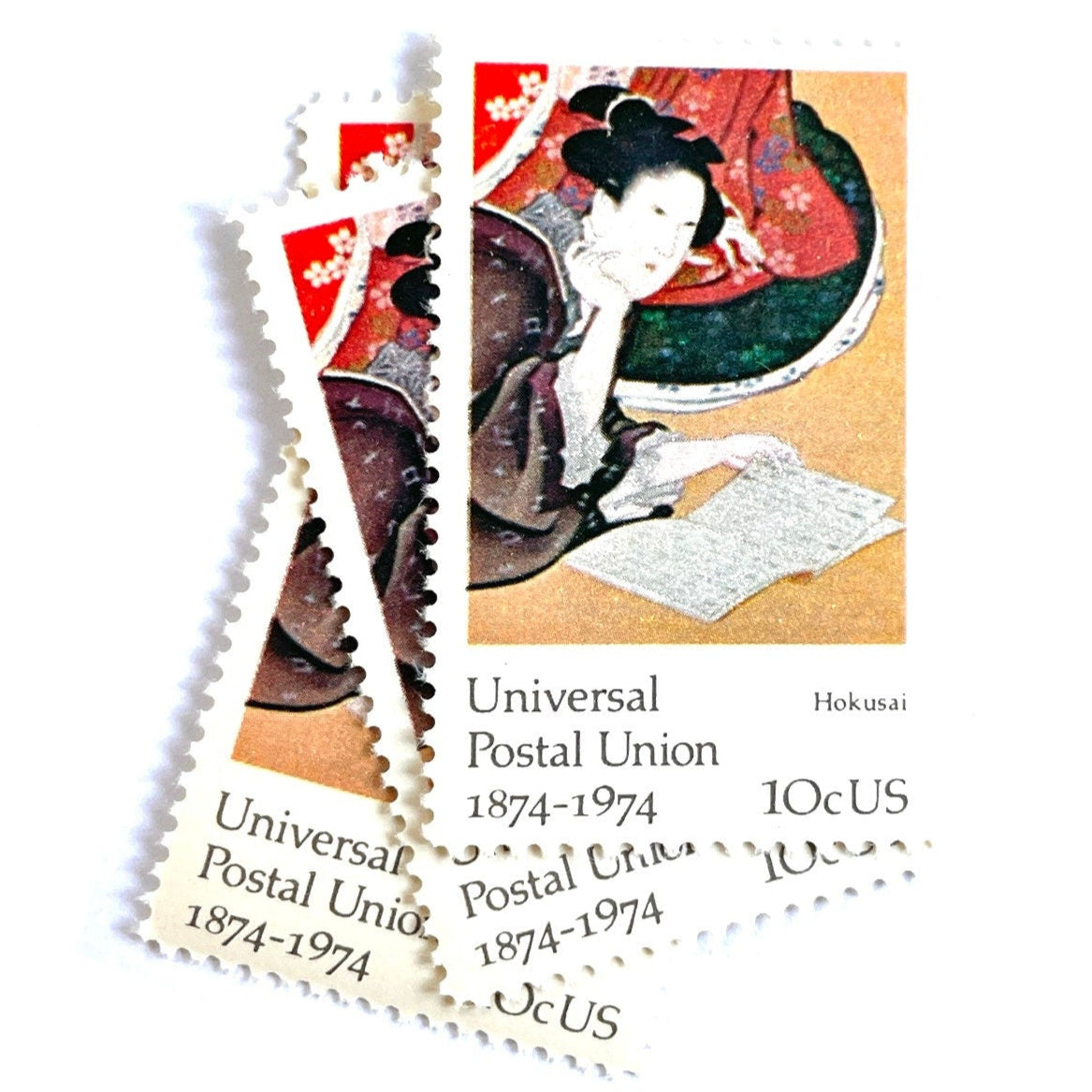 Image of 1974 Famous Works of Art Hokusai 10 cent stamps. Scott #1531. Japanese Art, Woodblock Art, Zen, 100th Anniversary Universal Postal Union, Five Feminine Virtues, artist Katsushika Hokusai, Reading, Kabuki, Kimono. Asian inspired postage stamp.