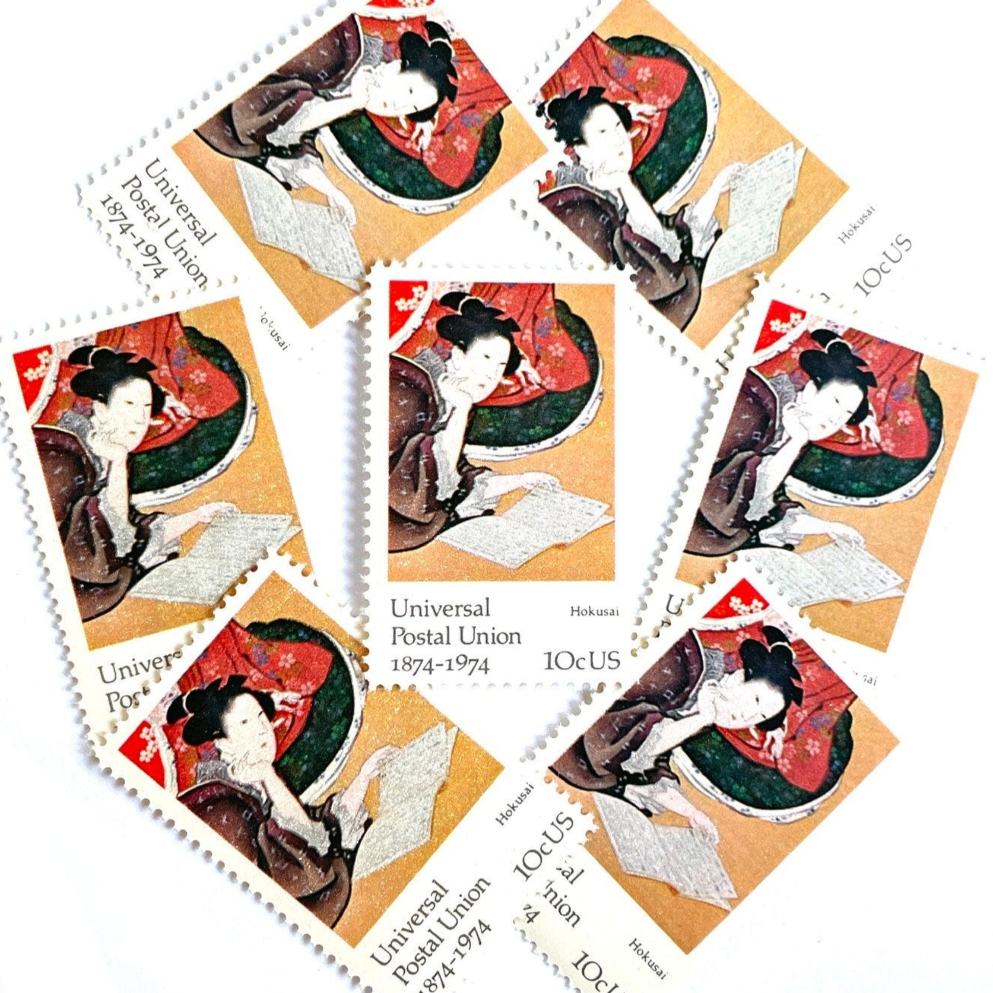 Image of 1974 Famous Works of Art Hokusai 10 cent stamps. Scott #1531. Japanese Art, Woodblock Art, Zen, 100th Anniversary Universal Postal Union, Five Feminine Virtues, artist Katsushika Hokusai, Reading, Kabuki, Kimono. Asian inspired postage stamp.