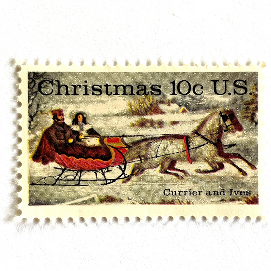 Image of 1974 Currier and Ives "Winter Road" 10 cent stamps. Scott #1551. Stamp themes: Christmas, Sleigh, Holidays, Sleigh-ride, Horse-drawn, Snow. White postage stamp.