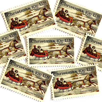 Image of 1974 Currier and Ives "Winter Road" 10 cent stamps. Scott #1551. Stamp themes: Christmas, Sleigh, Holidays, Sleigh-ride, Horse-drawn, Snow. White postage stamp.
