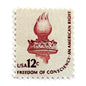 Image of 1981 Americana Series “Statue of Liberty Torch” 12-cent mail stamps. Scott #1594. Stamp Themes: Statue of Liberty, Lady Liberty, Torch, Light, NYC, New York City, Freedom of Conscience, An American Right Immigration. Red/brown postage stamp.