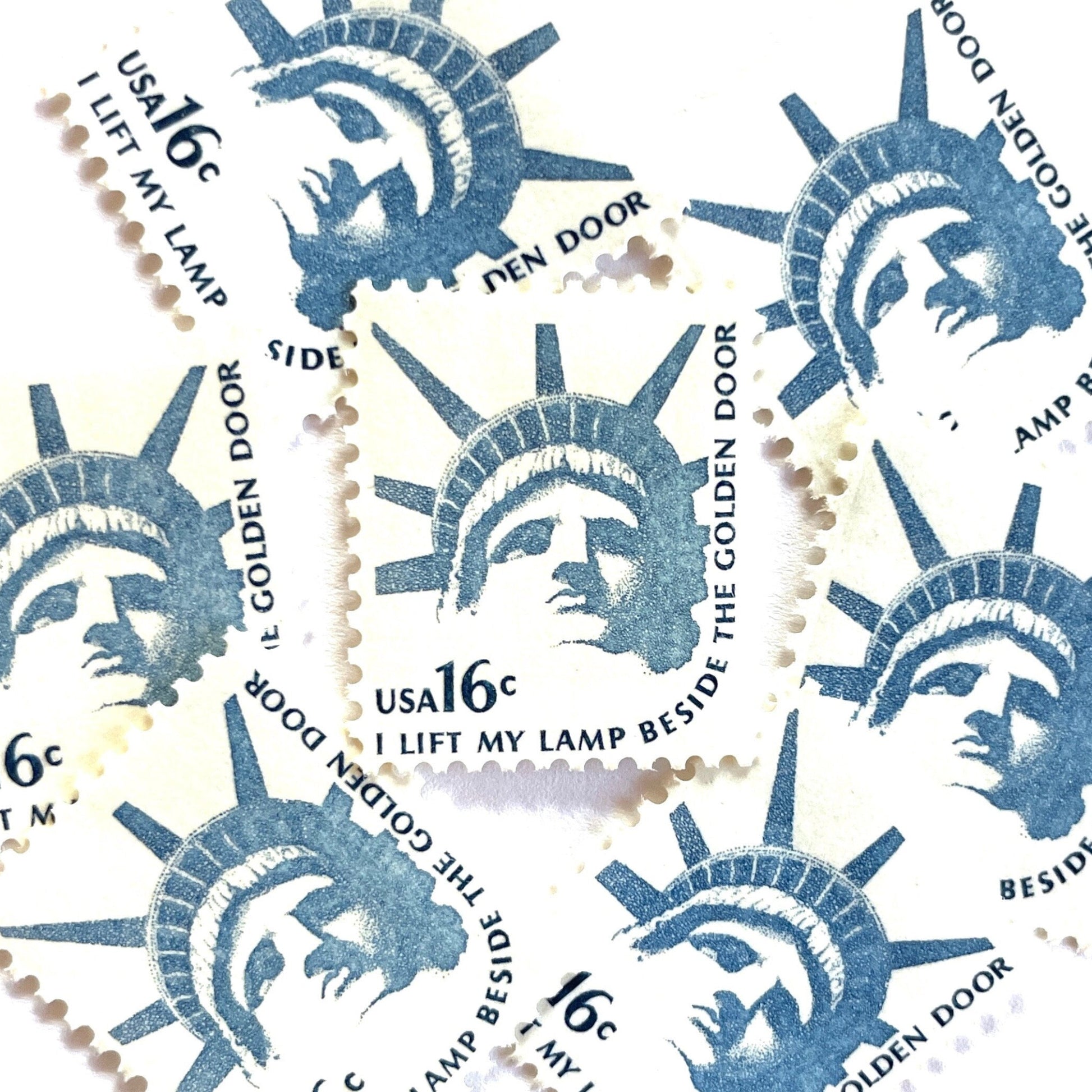 Image of 1978 Americana Series “Statue of Liberty” 16-cent mail stamps. Scott #1599. Stamp Themes: Statue of Liberty, Lady Liberty, NYC, New York City, Immigration. Blue postage stamp.
