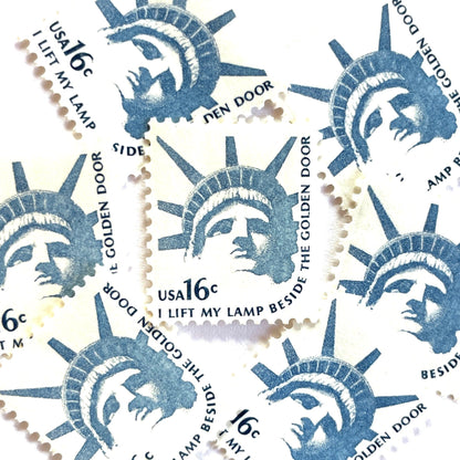 Image of 1978 Americana Series “Statue of Liberty” 16-cent mail stamps. Scott #1599. Stamp Themes: Statue of Liberty, Lady Liberty, NYC, New York City, Immigration. Blue postage stamp.