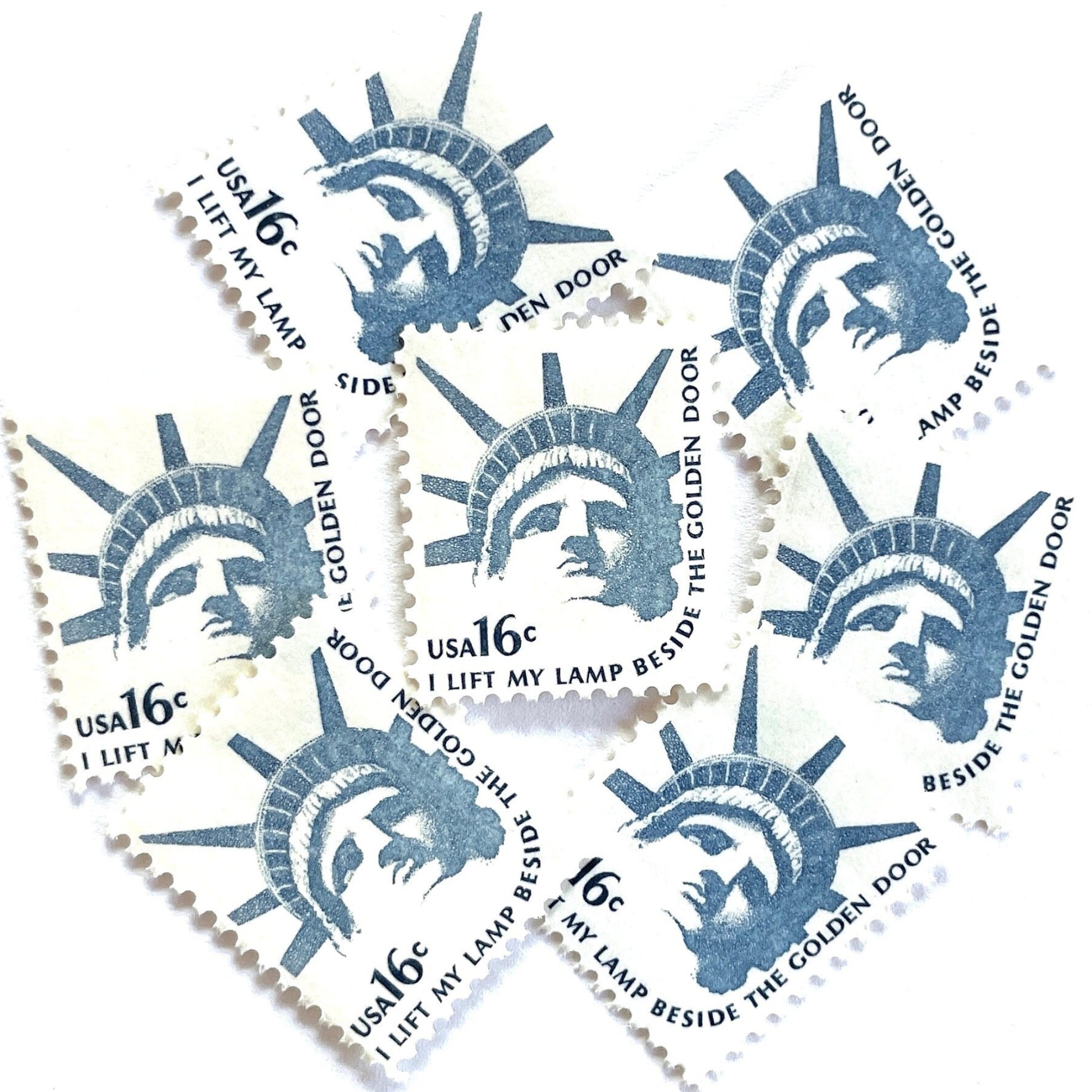 Image of 1978 Americana Series “Statue of Liberty” 16-cent mail stamps. Scott #1599. Stamp Themes: Statue of Liberty, Lady Liberty, NYC, New York City, Immigration. Blue postage stamp.