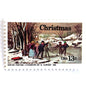 Image of 1976 Contemporary Christmas “Currier's Winter Pastime” 13-cent stamps. Scott #1702. Stamp Themes: Holidays, Winter Scene, Snow, Ice Skating, Artist Nathaniel Currier. Multicolored postage stamp.