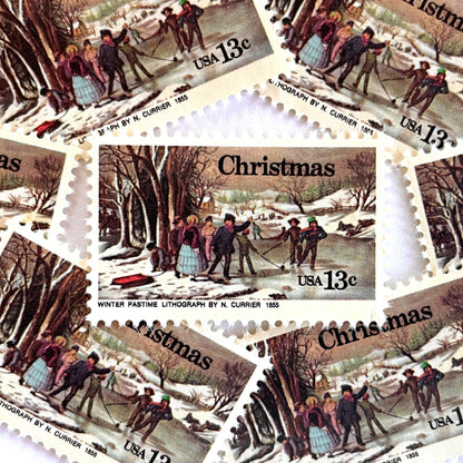 Image of 1976 Contemporary Christmas “Currier's Winter Pastime” 13-cent stamps. Scott #1702. Stamp Themes: Holidays, Winter Scene, Snow, Ice Skating, Artist Nathaniel Currier. Multicolored postage stamp.