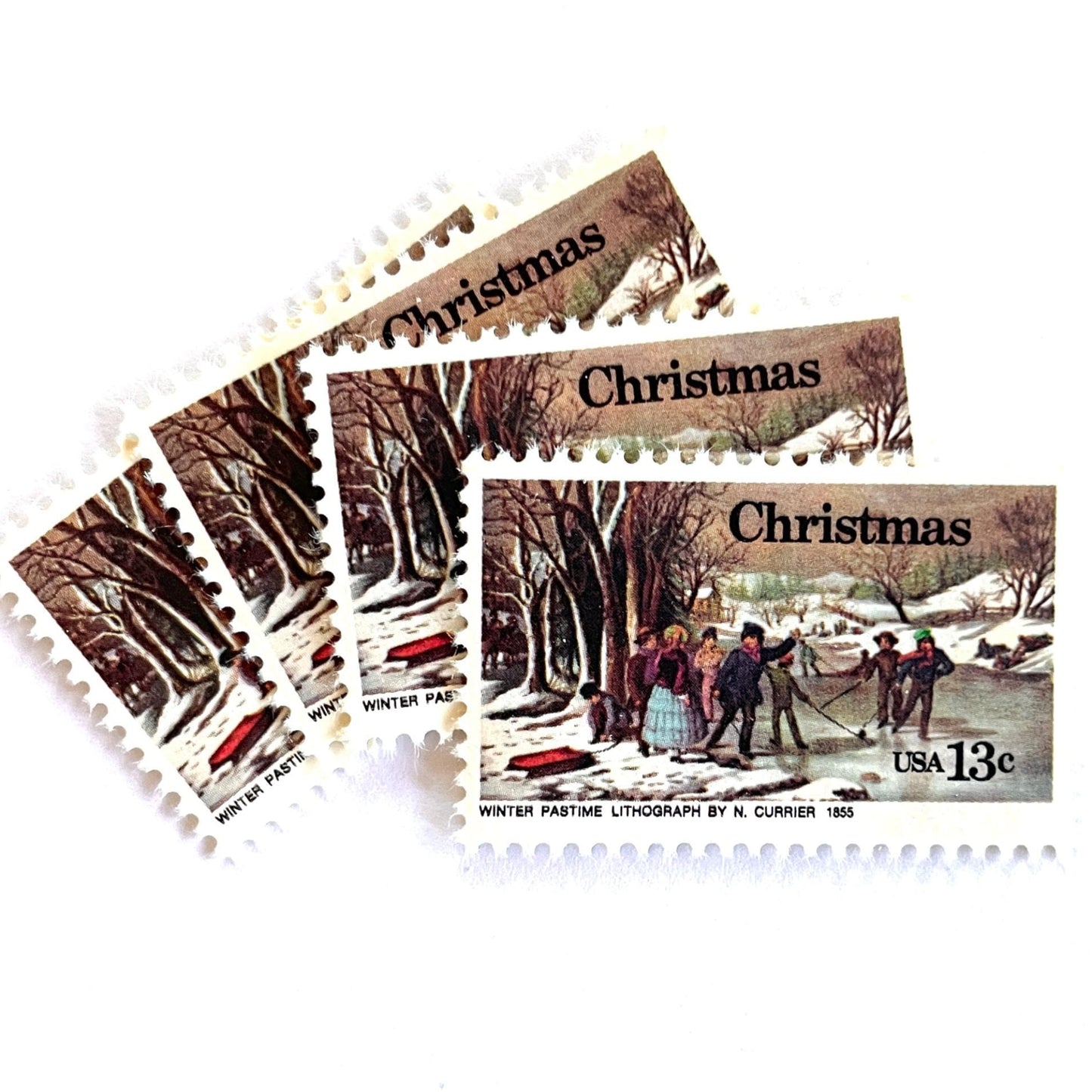 Image of 1976 Contemporary Christmas “Currier's Winter Pastime” 13-cent stamps. Scott #1702. Stamp Themes: Holidays, Winter Scene, Snow, Ice Skating, Artist Nathaniel Currier. Multicolored postage stamp.
