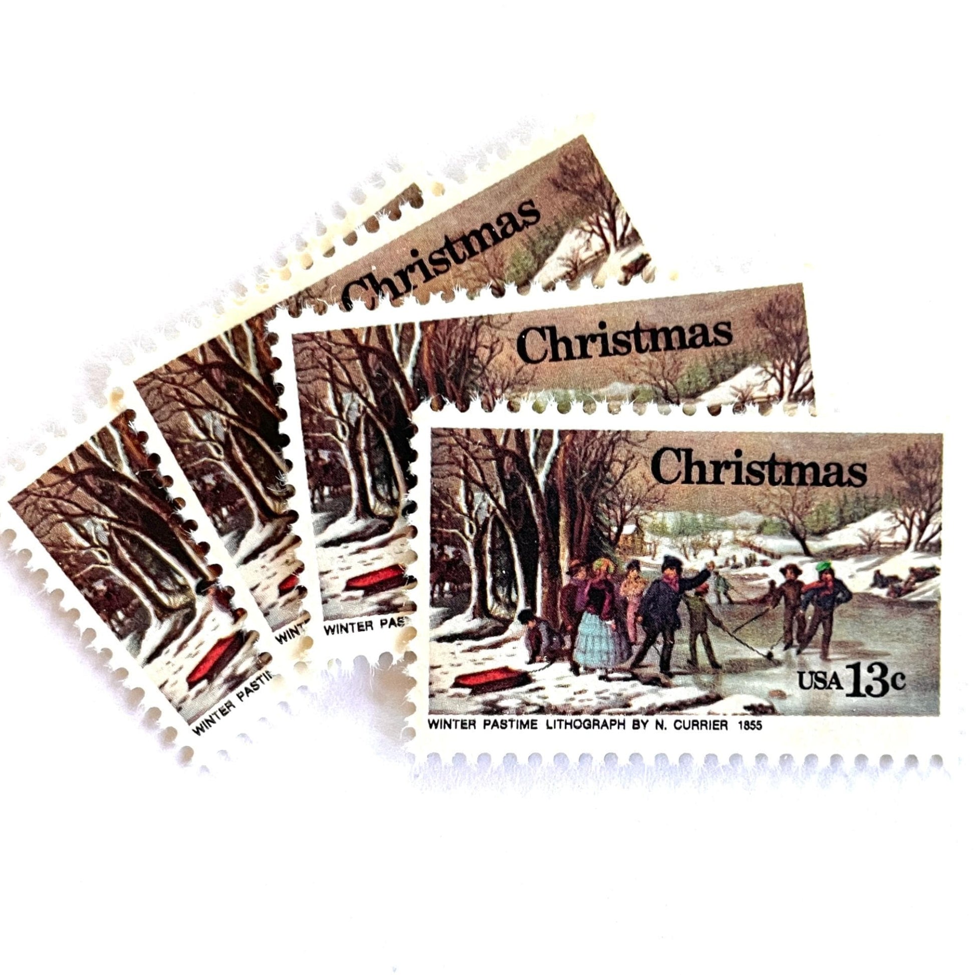 Image of 1976 Contemporary Christmas “Currier's Winter Pastime” 13-cent stamps. Scott #1702. Stamp Themes: Holidays, Winter Scene, Snow, Ice Skating, Artist Nathaniel Currier. Multicolored postage stamp.