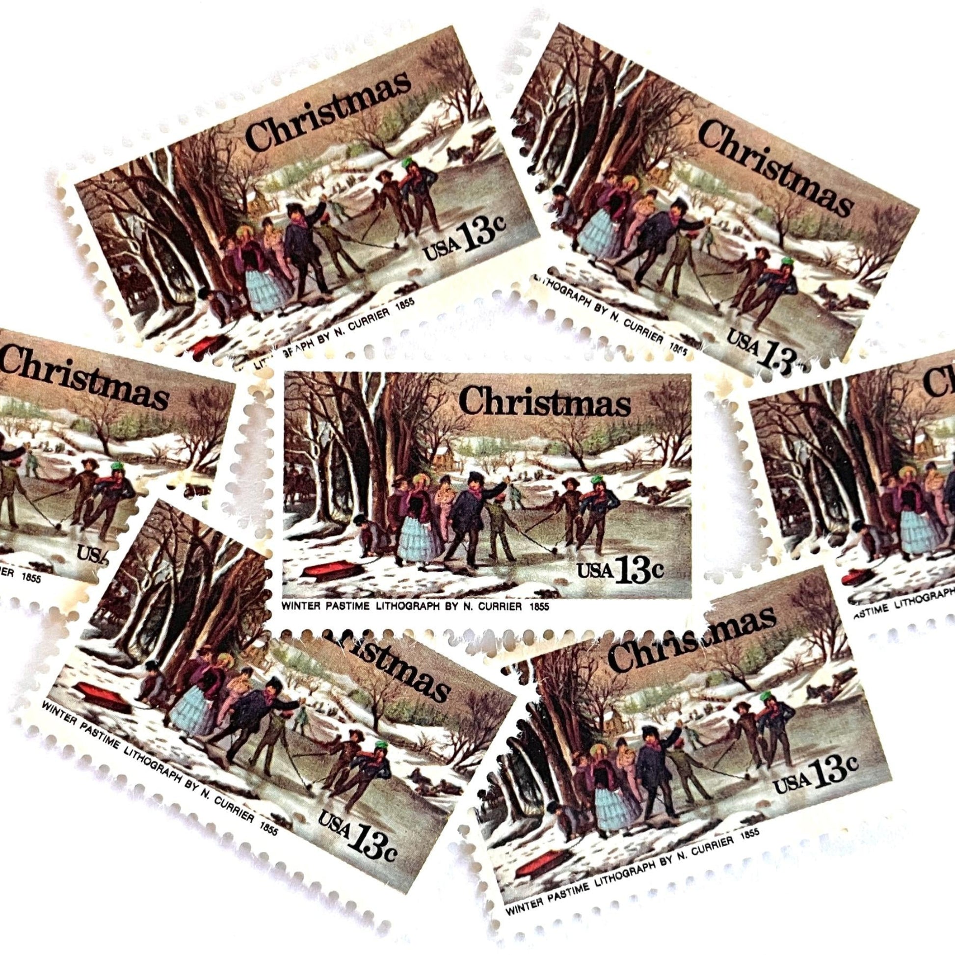 Image of 1976 Contemporary Christmas “Currier's Winter Pastime” 13-cent stamps. Scott #1702. Stamp Themes: Holidays, Winter Scene, Snow, Ice Skating, Artist Nathaniel Currier. Multicolored postage stamp.
