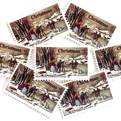 Image of 1976 Contemporary Christmas “Currier's Winter Pastime” 13-cent stamps. Scott #1702. Stamp Themes: Holidays, Winter Scene, Snow, Ice Skating, Artist Nathaniel Currier. Multicolored postage stamp.
