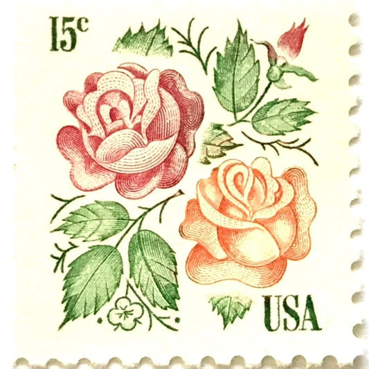 Vintage Medallion Roses postage stamp from 1978 featuring pink and yellow roses in a decorative floral design on unused 15-cent USPS postage, Scott 1737.