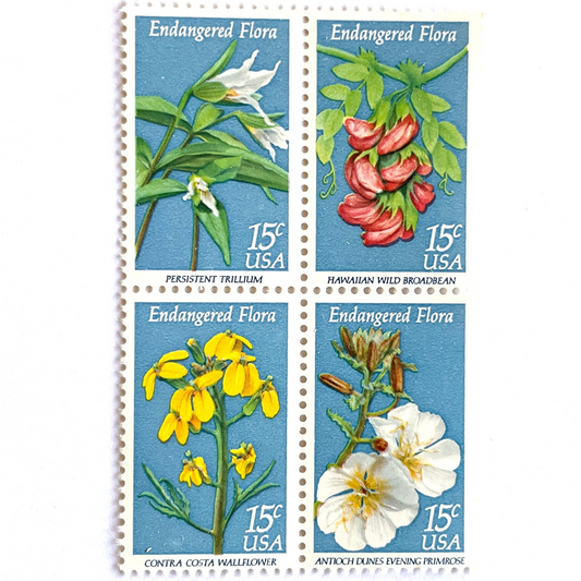 Image of four 15 cent Endangered Flora Se-Tenant 1993 Wildflower postage stamps. Scott #1783-86. Stamp themes: Endangered species, Endangered flora, Vulnerable, Extinct, Extinction, Environmental, Preservation, Ecology, Hawaiian Wild Broadbean or Hawaiian Vetch, Contra Costa Wallflower, Persistent Trillium, Antioch Dunes Evening Primrose. Blue postage stamp.