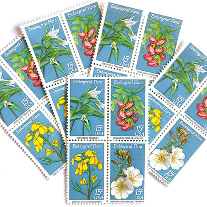 Image of four 15 cent Endangered Flora Se-Tenant 1993 Wildflower postage stamps. Scott #1783-86. Stamp themes: Endangered species, Endangered flora, Vulnerable, Extinct, Extinction, Environmental, Preservation, Ecology, Hawaiian Wild Broadbean or Hawaiian Vetch, Contra Costa Wallflower, Persistent Trillium, Antioch Dunes Evening Primrose. Blue postage stamp.