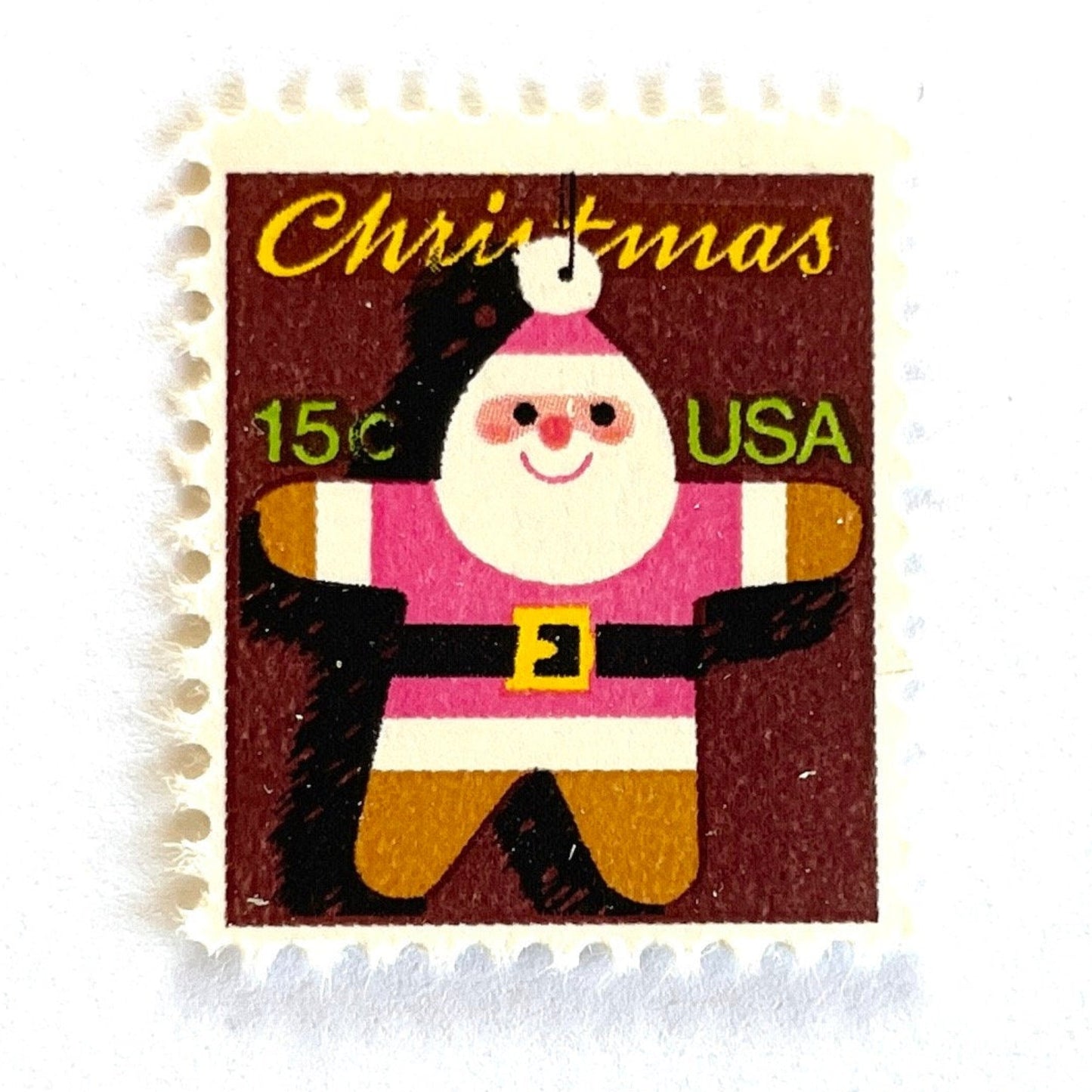 Image of 1979 Contemporary Christmas “Santa Ornament” 15-cent stamps. Scott #1800. Stamp Themes: Gingerbread Man, Gingerbread Santa, Santa Claus, Holidays. Multicolored postage stamp.
