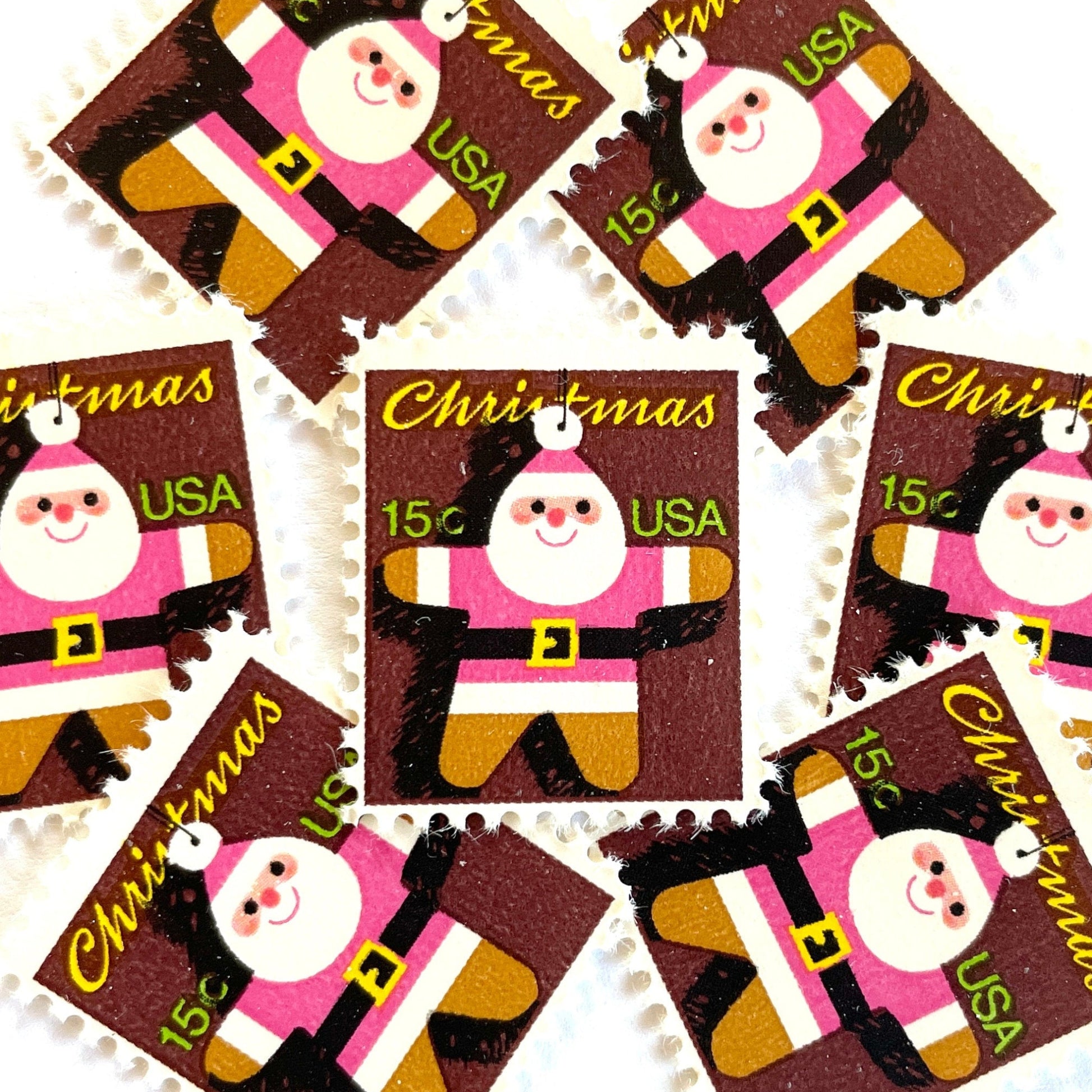 Image of 1979 Contemporary Christmas “Santa Ornament” 15-cent stamps. Scott #1800. Stamp Themes: Gingerbread Man, Gingerbread Santa, Santa Claus, Holidays. Multicolored postage stamp.