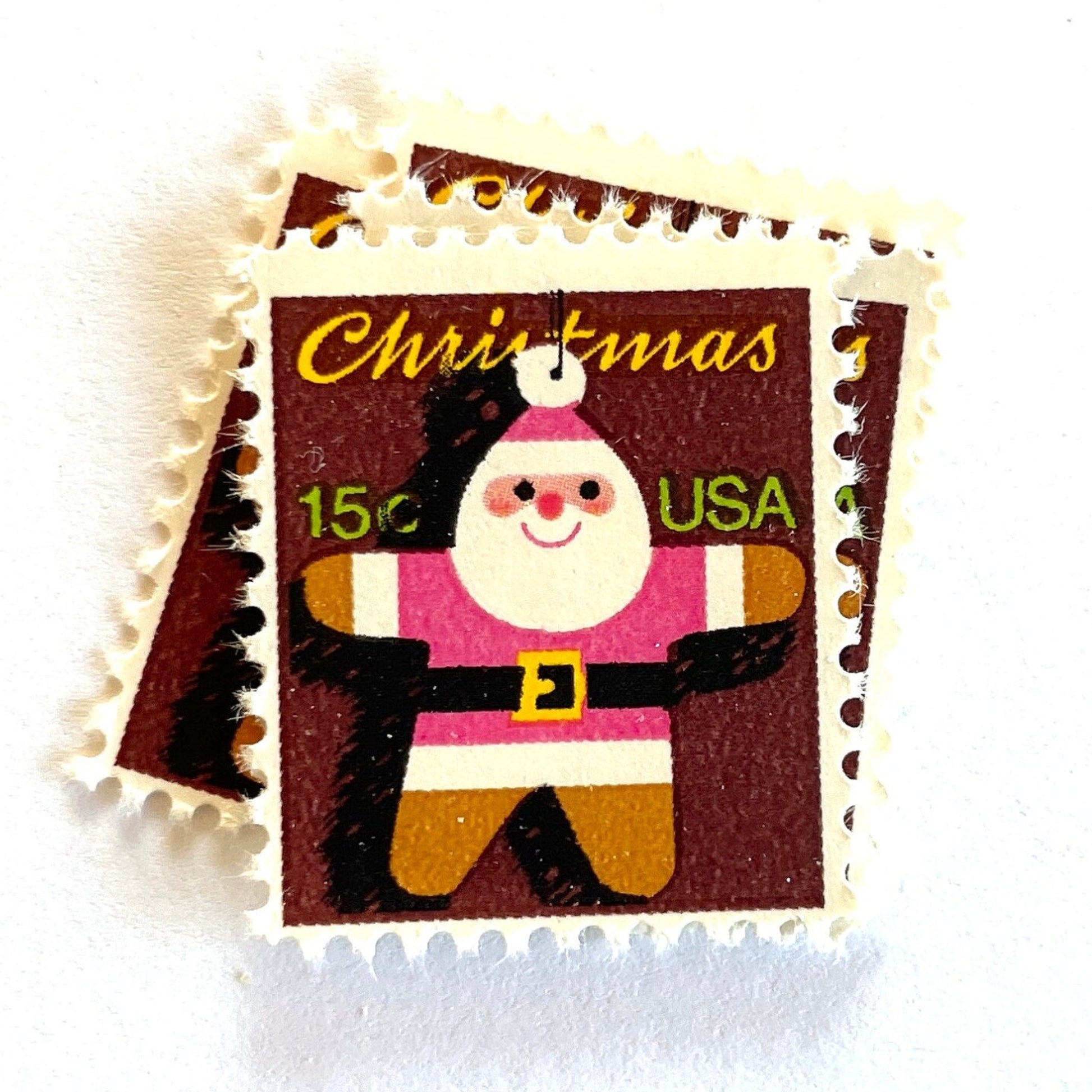 Image of 1979 Contemporary Christmas “Santa Ornament” 15-cent stamps. Scott #1800. Stamp Themes: Gingerbread Man, Gingerbread Santa, Santa Claus, Holidays. Multicolored postage stamp.