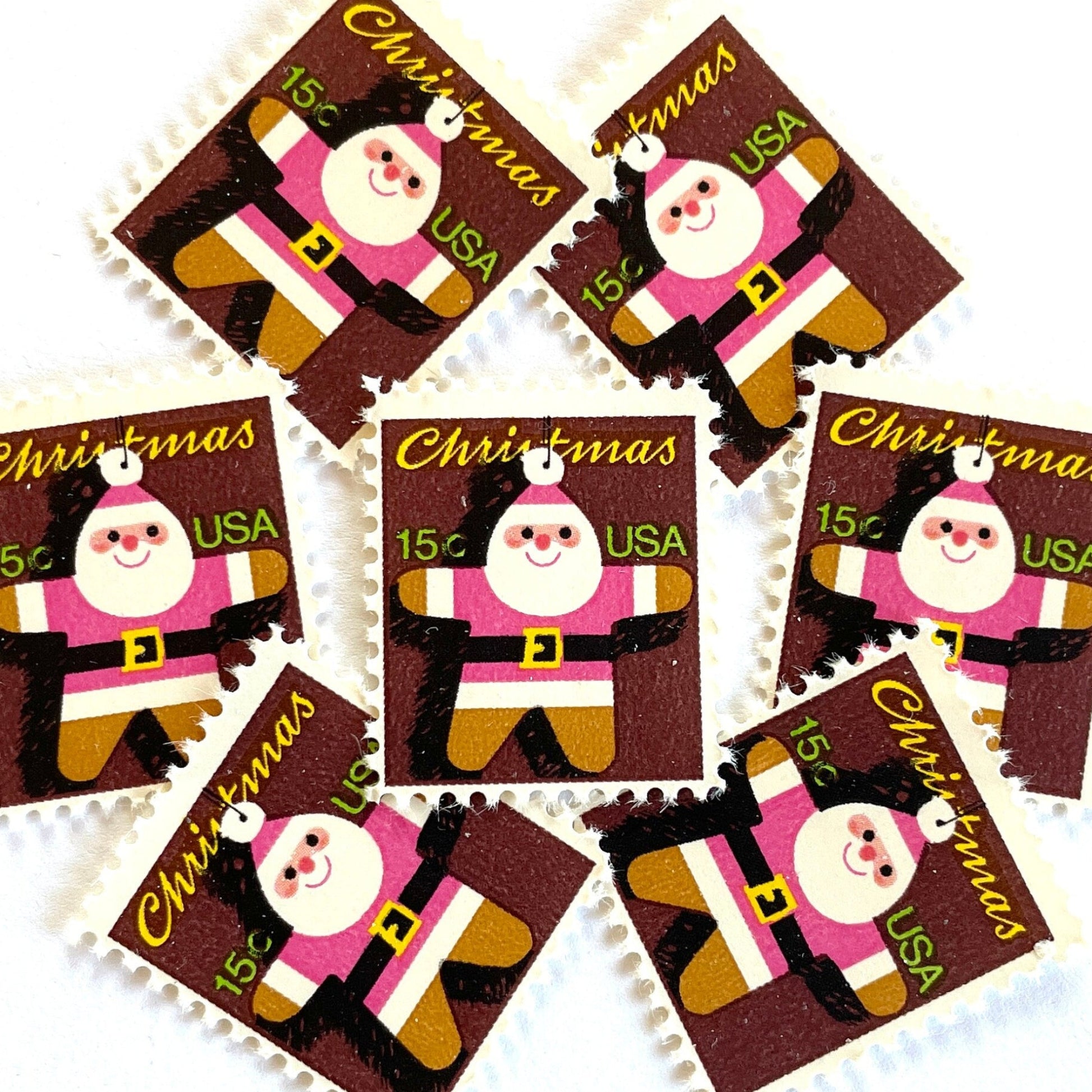 Image of 1979 Contemporary Christmas “Santa Ornament” 15-cent stamps. Scott #1800. Stamp Themes: Gingerbread Man, Gingerbread Santa, Santa Claus, Holidays. Multicolored postage stamp.