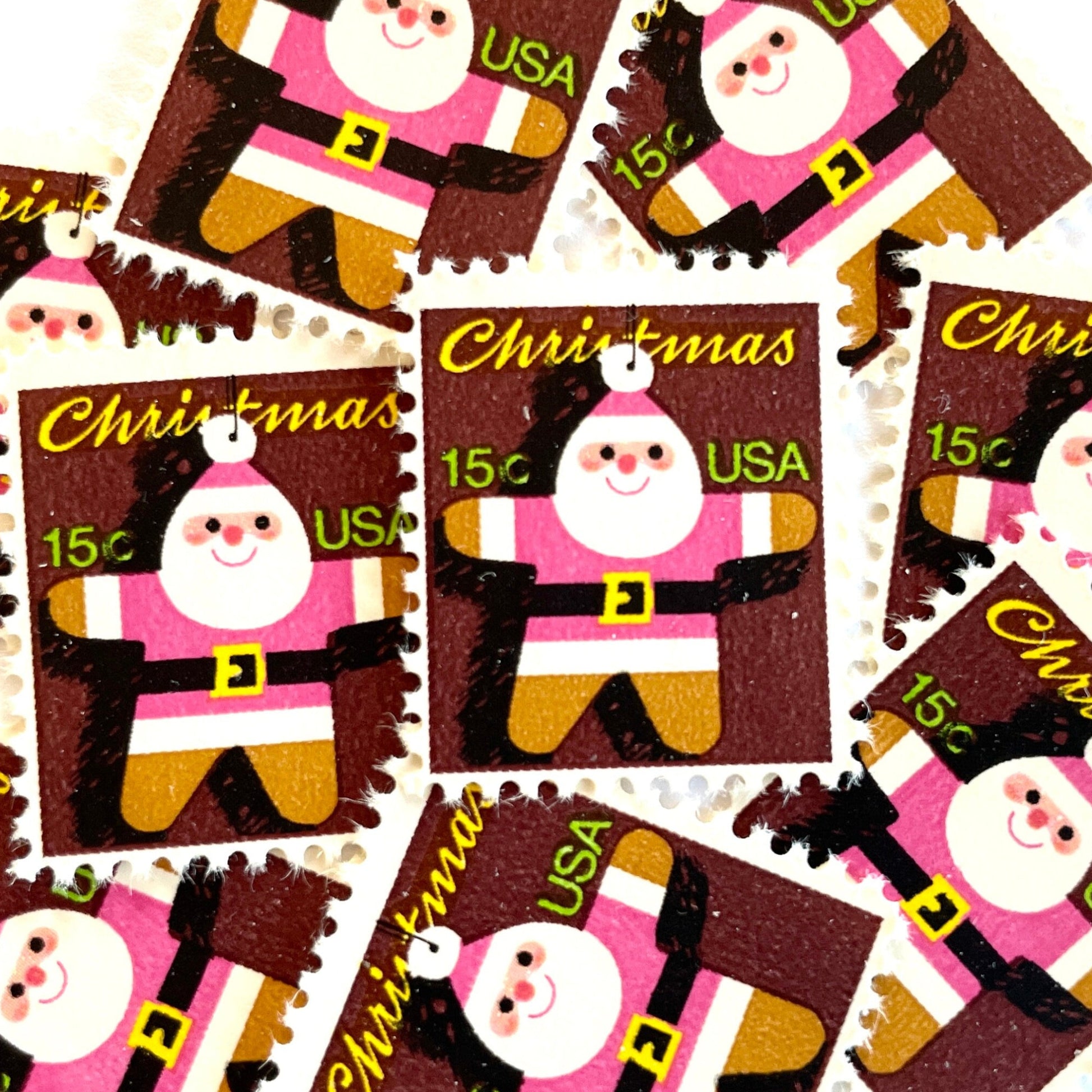 Image of 1979 Contemporary Christmas “Santa Ornament” 15-cent stamps. Scott #1800. Stamp Themes: Gingerbread Man, Gingerbread Santa, Santa Claus, Holidays. Multicolored postage stamp.
