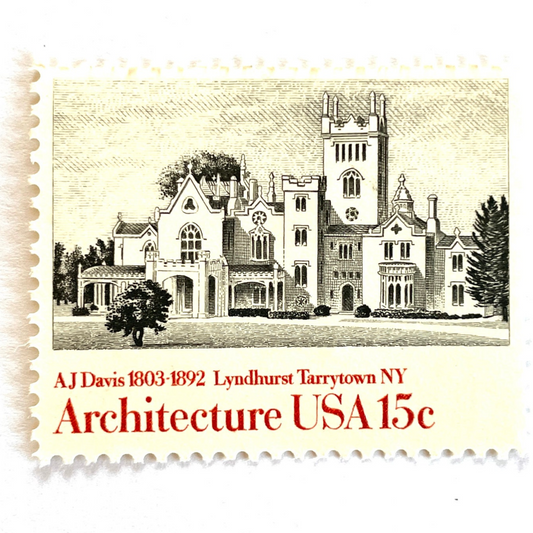 Image of 1957 American Architecture Lyndhurst Tarrytown, NY 15 cent stamps. Scott #1841. Stamp themes: Lyndhurst Mansion, Gothic Revival Architecture, Gould Age Castle, Historic Preservation, Hudson River, New York, Victorian Era. Black and white postage stamp.